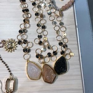 Long gold Necklace Natural Black Druzy
